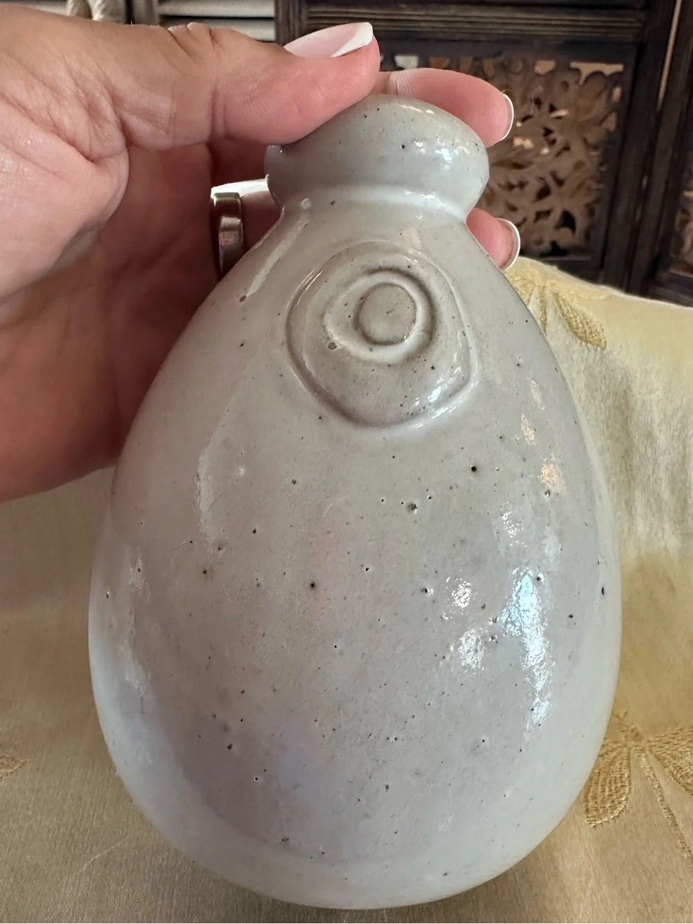 Crate & Barrel Grayish White Speckled Glazed Ceramic Stoneware Olive Oil Cruet.